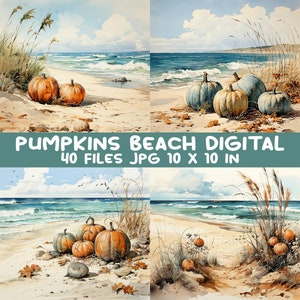 40 JPEG Beach pumpkins clipart – Fall coastal JPG set – Autumn seaside landscape bundle for crafts, cards, wall art, sublimation projects