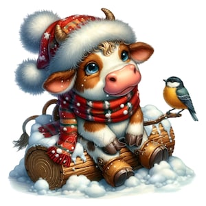 15 Clipart PNG de vache de Noël mignon avec chapeau rouge, écharpe à carreaux et oiseau sur une bûche enneigée pour une décoration de Noël, des cartes, de l'art par sublimation