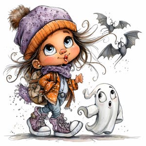 12 cliparts fille et fantôme d'Halloween PNG - Jolie tenue d'automne PNG - Sublimation de chauves-souris effrayantes pour travaux manuels, autocollants, décoration d'automne pour enfants