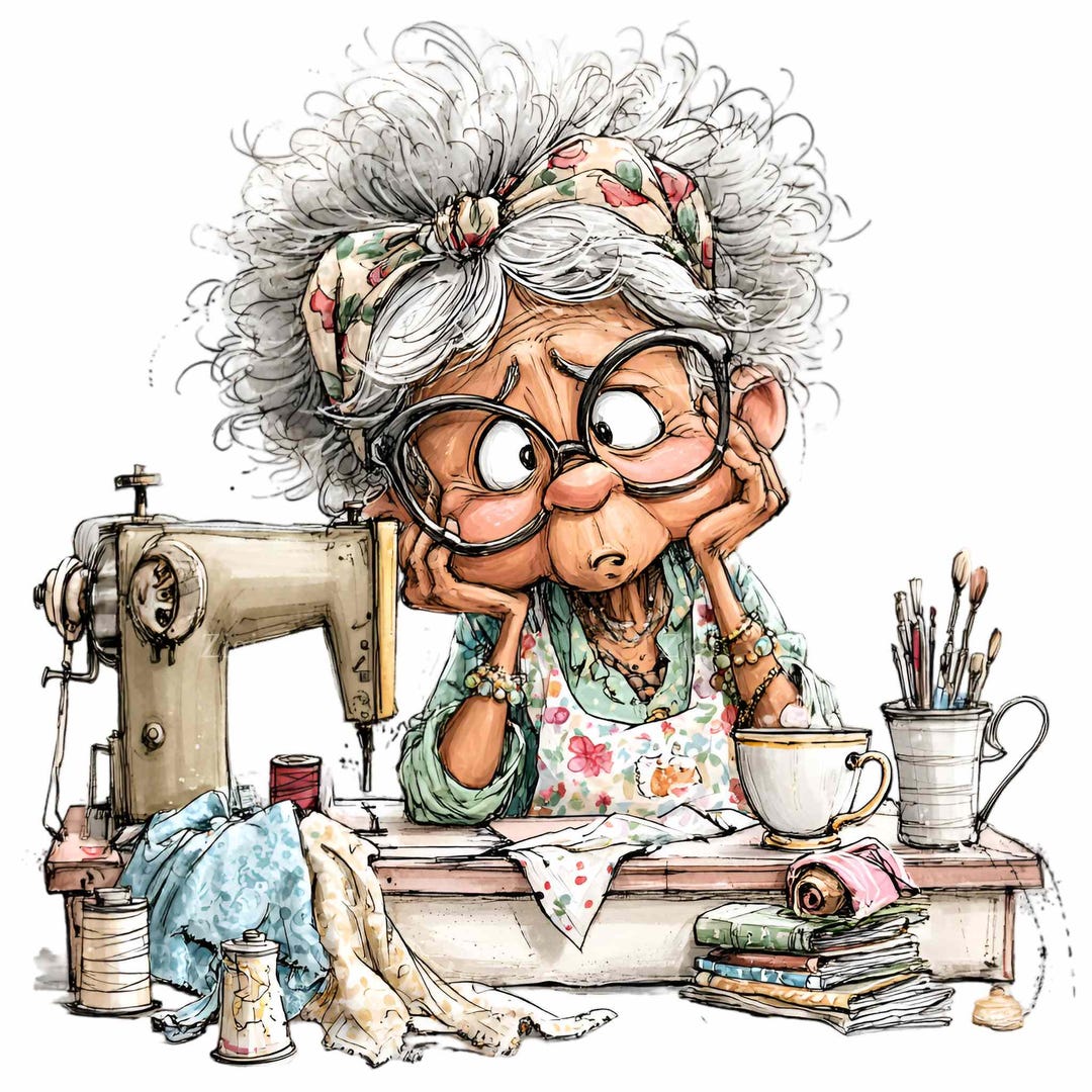 12 PNG Sewing Woman – Funny Grandma PNG Clipart – Whimsical Crafting ...