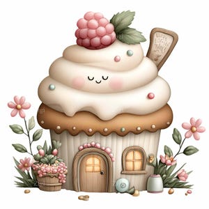 Può includere: Un'illustrazione stravagante di una casa a forma di cupcake con un volto sorridente sulla glassa. Il cupcake è sormontato da un lampone e una foglia. La casa ha una porta e una finestra di legno, circondate da fiori rosa e verde.