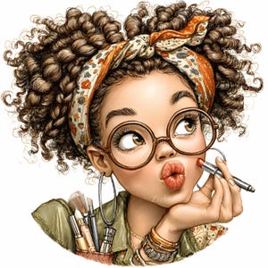 Puede incluir: Ilustración de dibujos animados de una mujer con cabello castaño rizado, gafas redondas y un pañuelo estampado, aplicándose lápiz labial. Tiene aros y una colección de brochas de maquillaje. La imagen tiene un estilo de dibujos animados.