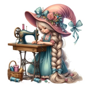 12 PNG sewing girl clipart - cute vintage seamstress PNG for kids crafts, fashion design, invitations, sublimation and creative projects