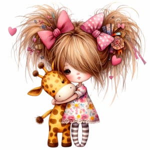 10 Cute Girl Hugging Girafa PNG Clipart – Garota de cabelo bagunçado com grandes laços e girafa de pelúcia – Adorável arte infantil