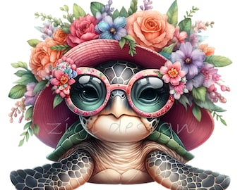 12 PNG Floral Sea Turtle Clipart, Beach Sunglasses Summer Ocean Graphic