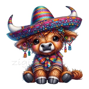 15 Fiesta Cow Clipart PNG | Adorável vaca das Terras Altas em Sombrero Arte Digital | Ilustração colorida de inspiração mexicana