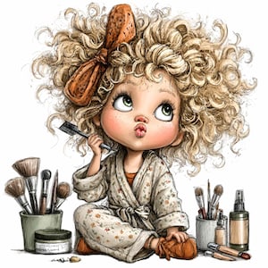 Puede incluir: Ilustración digital de una niña con cabello rubio rizado, vestida con una bata floral y un lazo. Sostiene un peine y está rodeada de brochas y recipientes de maquillaje, lo que sugiere un tema de belleza o spa.