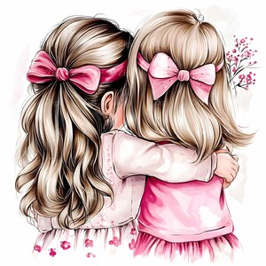22 JPEG 抱き合う二人の女の子 JPEG クリップアート - ピンクのリボンが付いたかわいい子供のイラスト、工芸品、プリント、プロジェクト用