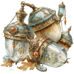 May include: Watercolor illustration of ornate, steampunk-style glass vials and decorative elements. The vials feature intricate metalwork, chains, and gemstone accents in shades of gold, copper, and teal. Autumn leaves add a natural touch.