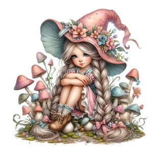 12 PNG Wunderliche Fee Mädchen - Pilz PNG Clipart - Magische Fantasy Kunst für Kinderzimmer, Aufkleber Design oder druckbare Dekoration