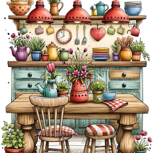 Könnte beinhalten: Eine Küchenillustration mit einem Holztisch, einem Stuhl und einem Hocker. Im Hintergrund befinden sich Regale mit bunten Schüsseln, Tassen, Pflanzen, einer Uhr und drei roten Pendelleuchten an einer schwarzen Halterung.