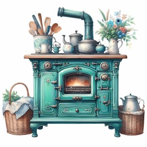 10 Vintage Green Stove PNG - Retro Küchen Clipart mit floralen Töpfen & Utensilien - Bauernhaus Kochkunst für DIY-Projekte
