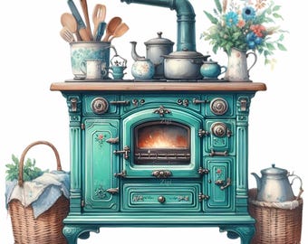 10 imágenes PNG de estufas antiguas de cocina vintage, imágenes prediseñadas de cocinas rústicas.