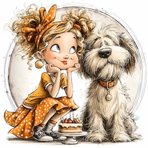 26 JPEG Birthday Girl and Dog – Cute JPG Clipart – Whimsical Cake Illustration for Greeting Cards, Pet Lovers, Party Decor, Printables