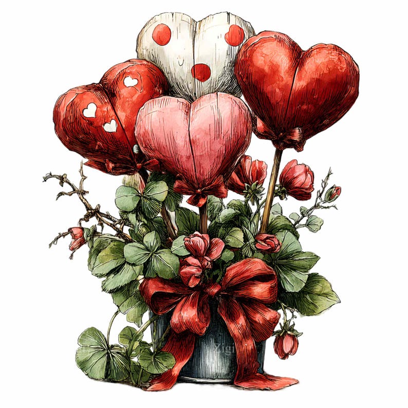 15 PNG Valentine Heart Bouquet | Red Roses Hearts Clipart | Watercolor ...