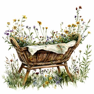 28 JPEG Wicker Cradle Clipart JPG, Wildblumenkorb Blumenkunst, rustikale Frühlingswiesendekoration, Landgarten-Digitaldruck