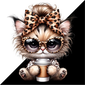 Puede incluir: Un gato de dibujos animados con gafas de sol de estampado de leopardo y un lazo, sosteniendo una taza de caf&eacute; para llevar marr&oacute;n y blanca.