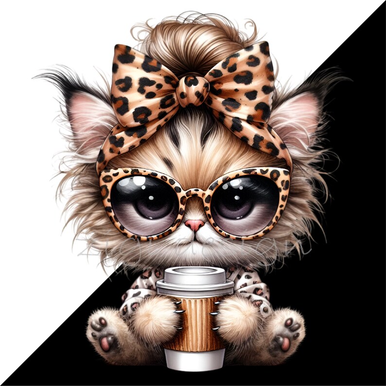 Puede incluir: Un gato de dibujos animados con gafas de sol de estampado de leopardo y un lazo, sosteniendo una taza de caf&eacute; para llevar marr&oacute;n y blanca.