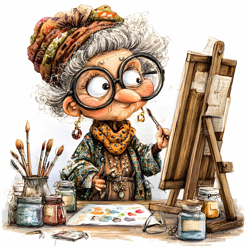 Artist Grandma PNG Clipart Painter Lady Watercolor Art Whimsical Hobbyist Graphic