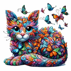 Colorful Cat and Butterflies PNG Clipart | 12 Whimsical Floral Cat Illustration | Vibrant Digital Art for Crafts and Decor