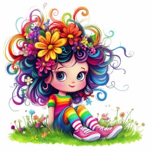 10 Rainbow Hair Girl PNG Clipart – Bambino carino seduto sull'erba con fiori – Download digitale di capelli floreali colorati