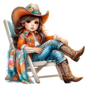 Cowgirl Clip Art, Clipart de chaise de plage d'été 10 PNG, fille turquoise, ferme de l'Ouest, chemise de professeur, sublimation mug gobelet, planificateur