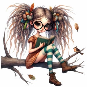 14 süßes Mädchen, das PNG, Vogelzweig Clipart, wunderliche Sublimationskunst, Kinderbuchliebhaber digitaler Download liest