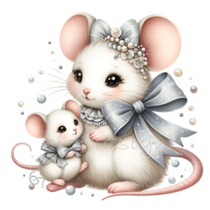 12 Clipart PNG di topi, topi mamma e bambino con fiocchi grigi, decorazioni per la cameretta dei bambini in colori pastello, download digitale