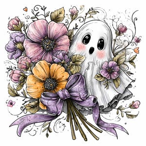 May include: A whimsical illustration of a friendly ghost surrounded by a bouquet of flowers. The flowers are in shades of pink, purple, and orange, tied with a purple ribbon. The ghost has rosy cheeks and big eyes.