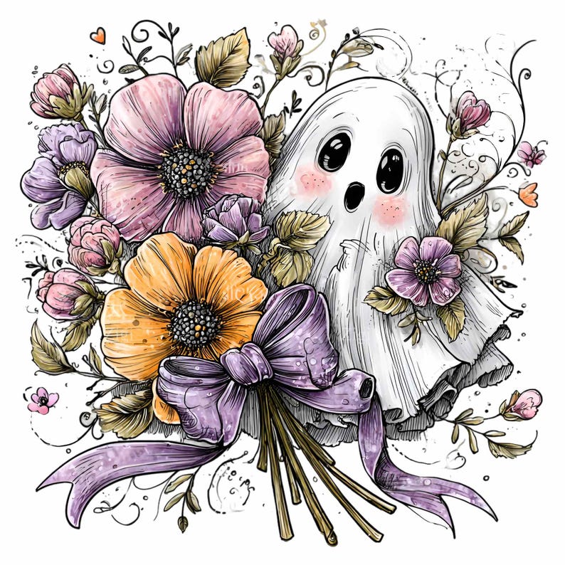 May include: A whimsical illustration of a friendly ghost surrounded by a bouquet of flowers. The flowers are in shades of pink, purple, and orange, tied with a purple ribbon. The ghost has rosy cheeks and big eyes.