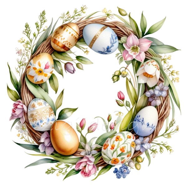 Easter Wreath Clipart 14 PNG Watercolor Spring Flowers Eggs Clip Art