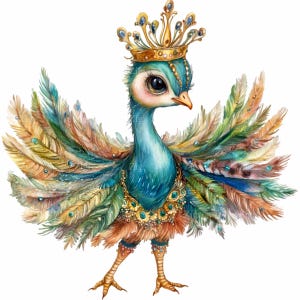 10 Elegante Pfau Prinzessin PNG Clipart, majestätischer Vogel mit Krone und Juwelen, Fantasy Aquarell Digital Art