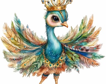 10 PNG Royal Peacock, Golden Crown Bird, Princess Clipart-aquarelafbeeldingen
