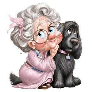 12 PNG Funny Grandma with Black Dog PNG Clipart, Elderly Woman in Pink Robe Hugging Cute Pet, Senior Lady and Puppy Sublimation Design