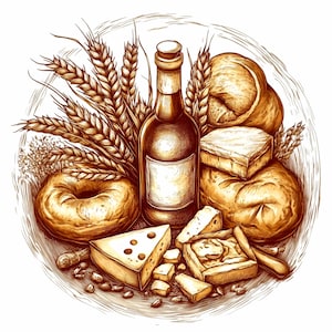 10 imágenes prediseñadas de queso y pan rústico, ilustración de botella de vino vintage y trigo, arte de cocina rústica para impresiones y manualidades