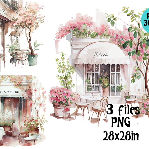 Paris Café Clipart, Sublimación de acuarela, PNG