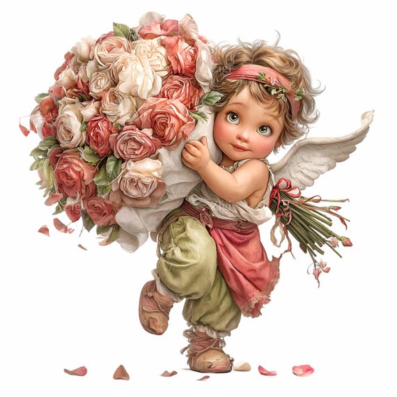 16 PNG Valentine angel clipart – Baby cupid roses bouquet for love cards, nursery prints