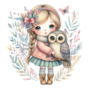14 Fille tenant une chouette PNG, Clipart animaux de la forêt, Art hivernal fantaisiste, Illustration de la nature, téléchargement numérique