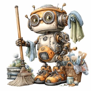 May include: A whimsical illustration of a robot designed for cleaning. The robot, with a white and orange body, wears large goggles and work boots. It holds a broom and a cloth, with cleaning supplies in a basket nearby. The robot is a fun, artistic representation.