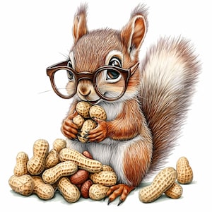 12 mignon écureuil PNG avec des cacahuètes PNG Clipart, téléchargement numérique, animal des bois duveteux avec des lunettes Illustration