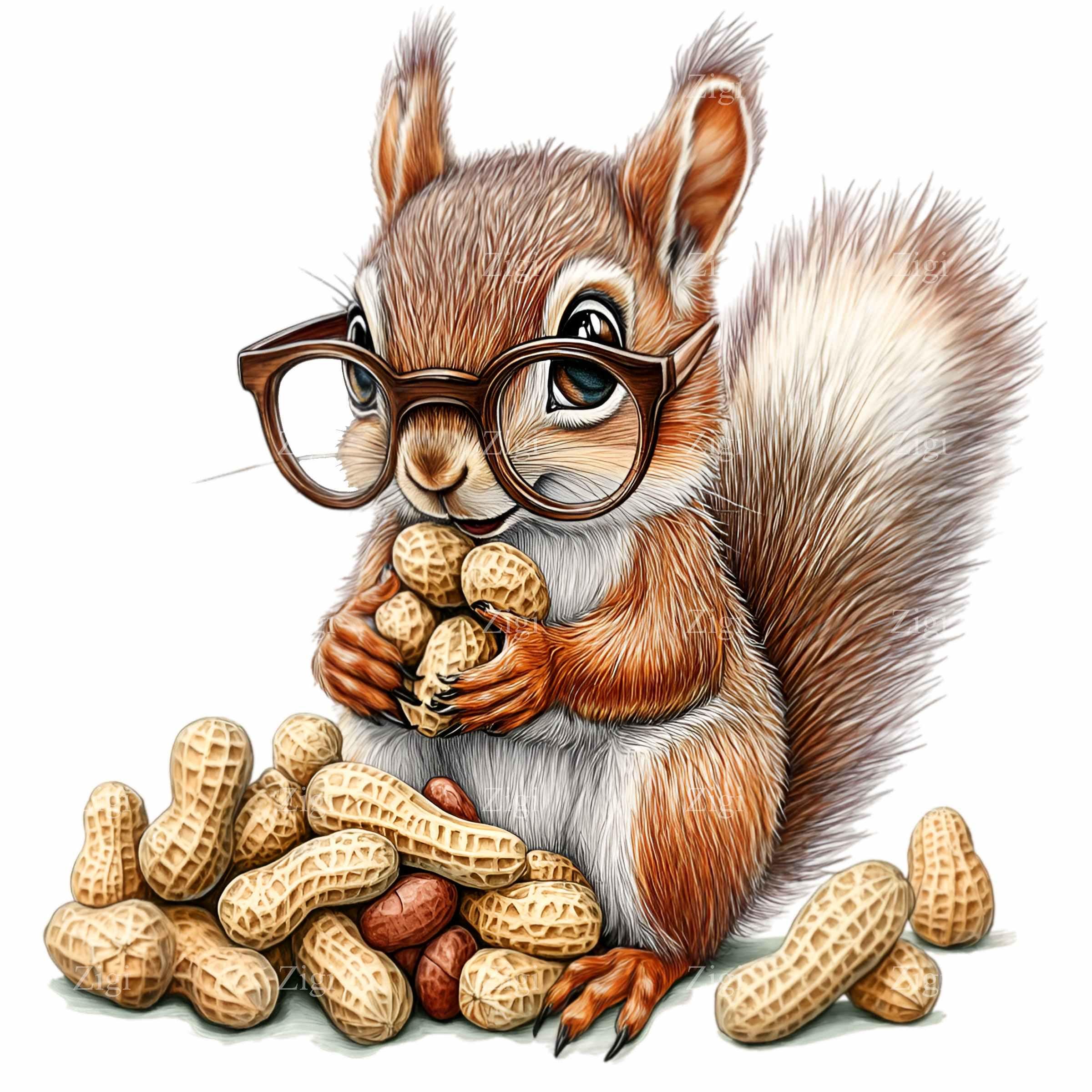 12 Cute Squirrel PNG with Peanuts PNG Clipart, Digital Download, Fluffy Woodland Animal with Glasses Illustration