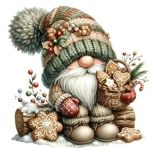 Winter Gnome Clipart PNG - 12 Gnomo di Natale con cappello lavorato a maglia, Pan di zenzero e decorazioni natalizie - Download digitale di alta qualità