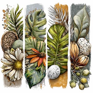 May include: Watercolor botanical illustration featuring four vertical panels with a variety of plants and flowers. The panels include a daisy, monstera leaves, an orange flower, and a speckled egg. The color palette includes green, white, orange, and brown.