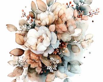16 PNG Watercolor Floral Bouquet Clipart, Dusty Rose Green Sublimation Flower Arrangement