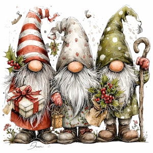 Peut inclure: Illustration à l'aquarelle de trois gnomes de Noël. Les gnomes ont de longues barbes blanches, des nez ronds et portent des chapeaux et des tenues festives aux motifs rouges, verts et à motifs. Un gnome tient un cadeau, un autre une lanterne et le troisième un bouquet.