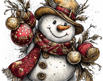 12 Vintage Red Snowman Ornament Png Clipart Winter Holiday Graphic