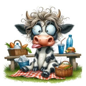 Comics Cow Picnic Basket and Blanket Clipart, 14 PNG Funny Farm Animal Cartoon Illustration, Sublimation, Junk Journal, Images Printable