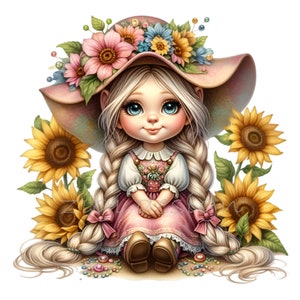 Imágenes prediseñadas de girasoles, imágenes prediseñadas de gnomo de niña, 12 gráficos de sublimación PNG, diario basura, fabricación de tarjetas, planificador, invitación, sublimación imprimible