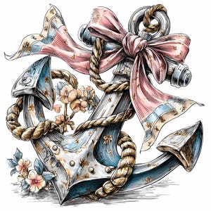May include: An illustration of a nautical anchor with a blue and white color scheme, adorned with a pink ribbon and rope. Delicate floral accents add a touch of elegance to the design. The anchor is detailed with rust-like textures.