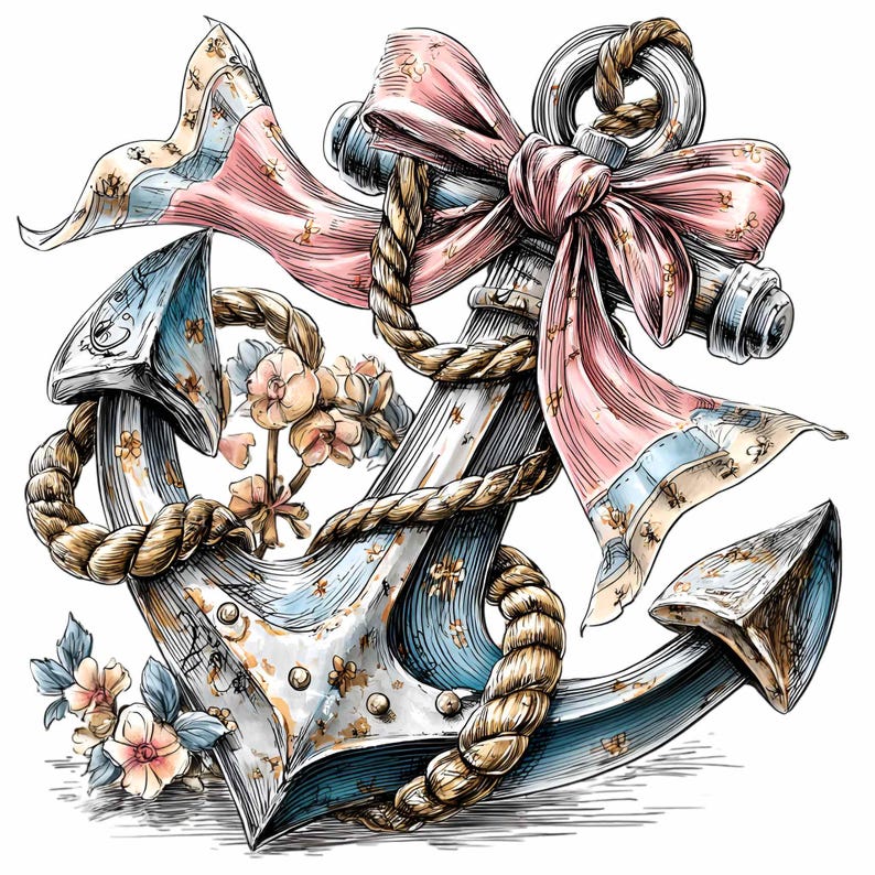 May include: An illustration of a nautical anchor with a blue and white color scheme, adorned with a pink ribbon and rope. Delicate floral accents add a touch of elegance to the design. The anchor is detailed with rust-like textures.